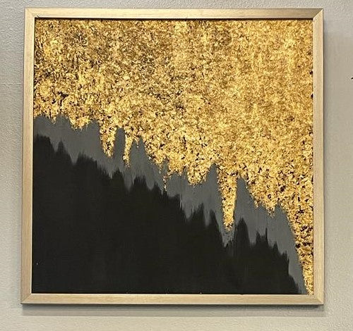 Set of 2 Square Black & Gold Framed Hand Acrylic Painting Wall Art