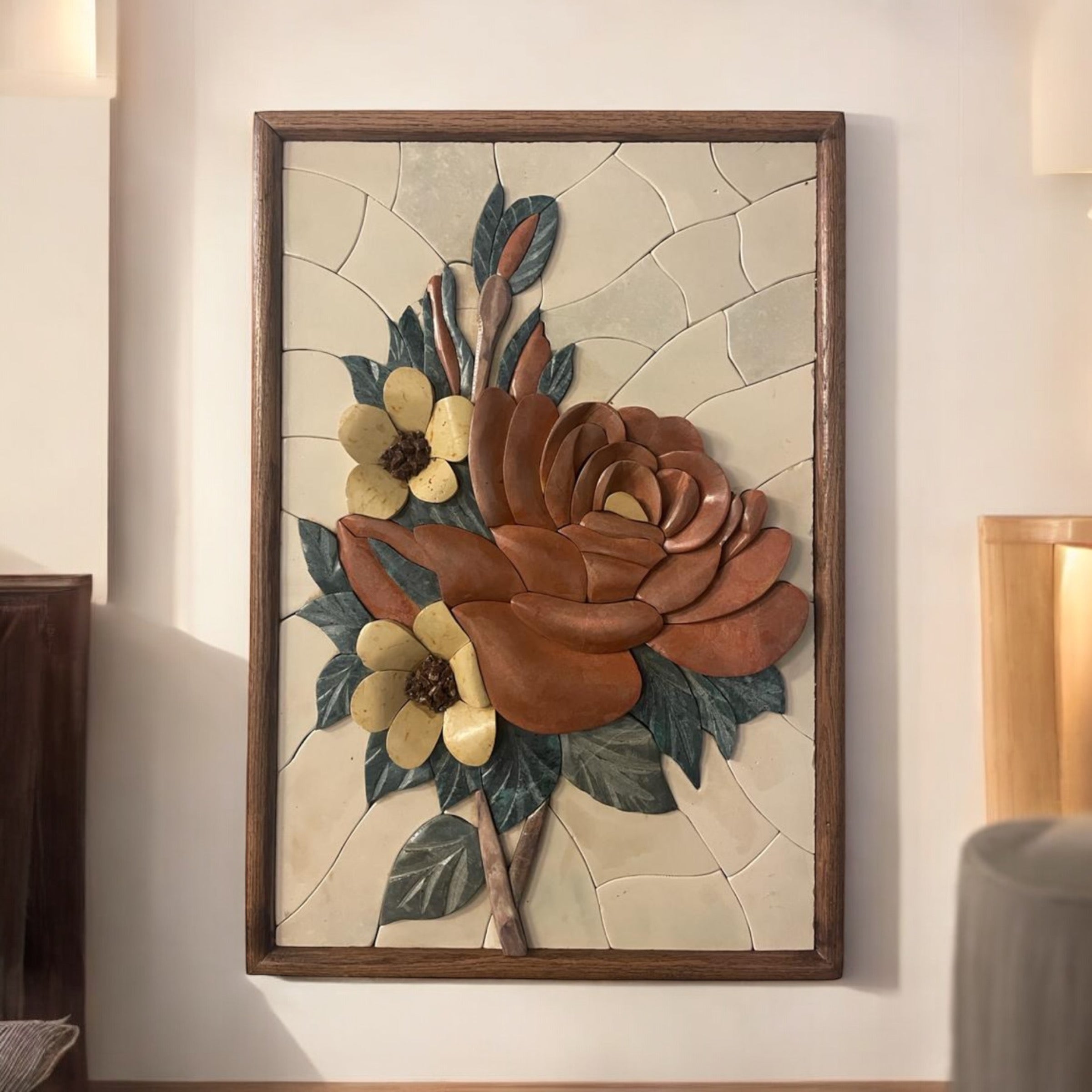 Brown Rose Marble Mosaic 3D Wall Art (Natural Stone) 26 X 19 inches/ Handmade/ Gift