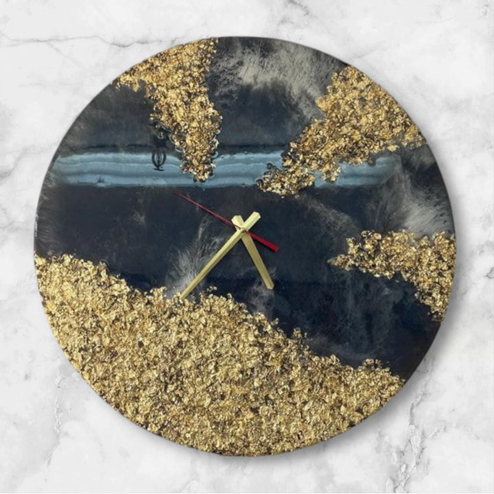 Black Resin Epoxy Wall Clock with Gold Flakes/Foil/Paper 24 X 24 inches Handmade Gift