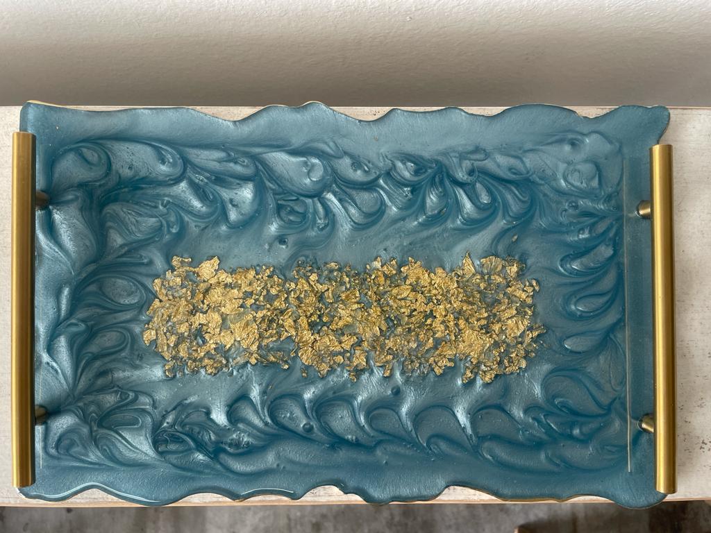 Rectangular Wavy Resin/Epoxy Serving Tray with Flakes Hand made