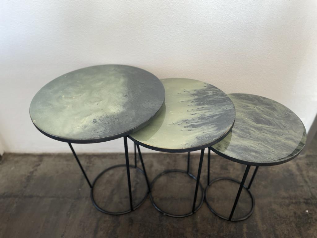 Green Moon Resin Epoxy Round Side Tables Set of 3 Hand made Epoxy Resin Coffee & End Tables