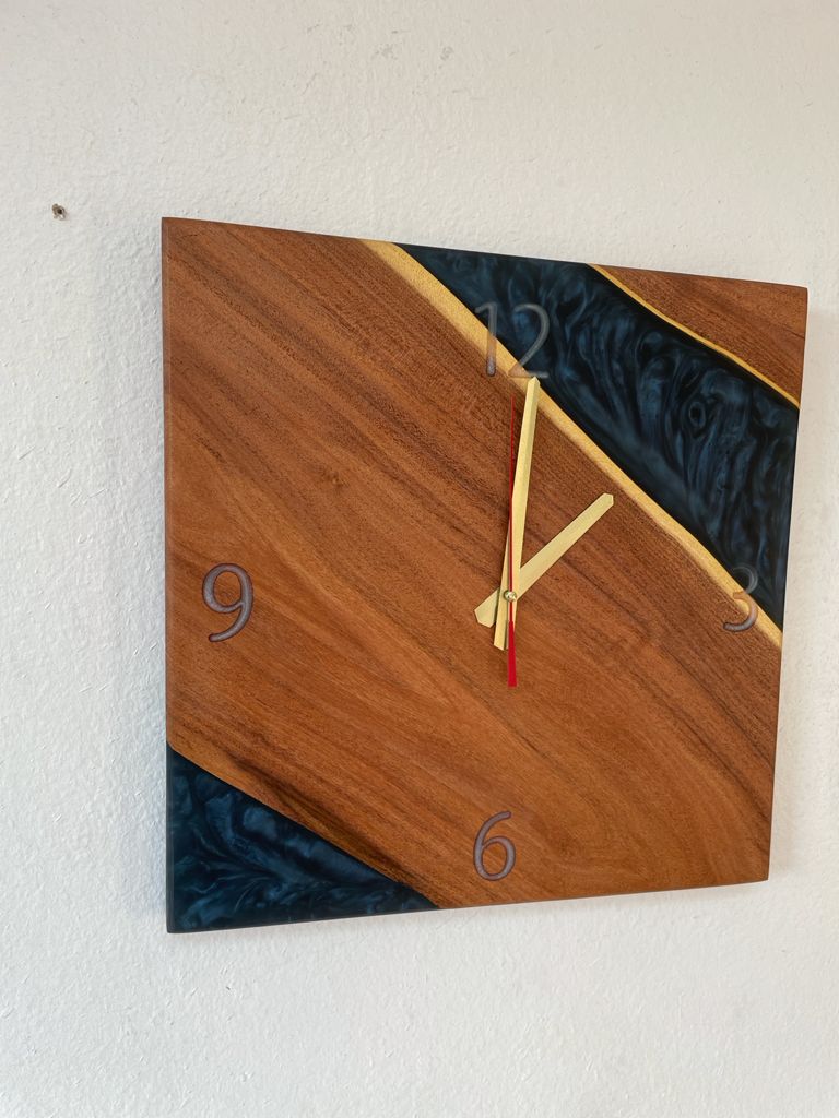 Square Epoxy Resin Walnut Wood Wall Clock 16 inches