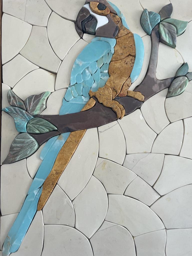 Large Blue Parrot Marble Mosaic 3D Wall Art (Natural Stone) Hand made