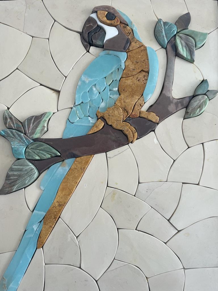 Large Blue Parrot Marble Mosaic 3D Wall Art (Natural Stone) Hand made