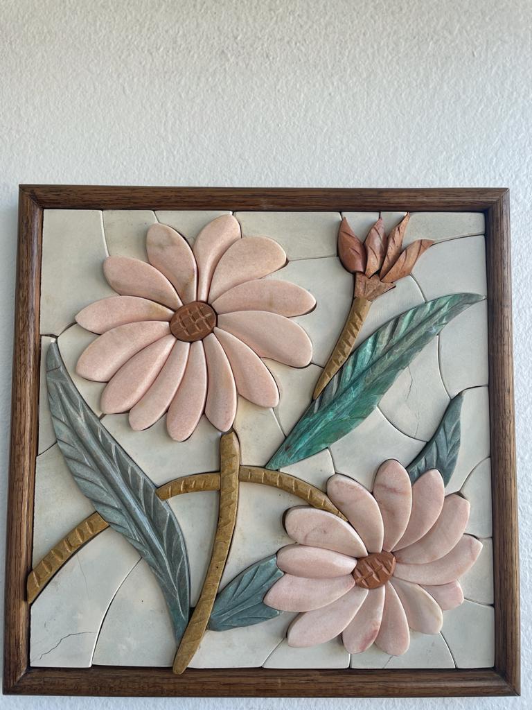 Two Pink Flowers Marble Mosaic 3D Wall Art (Natural Stone) Hand made