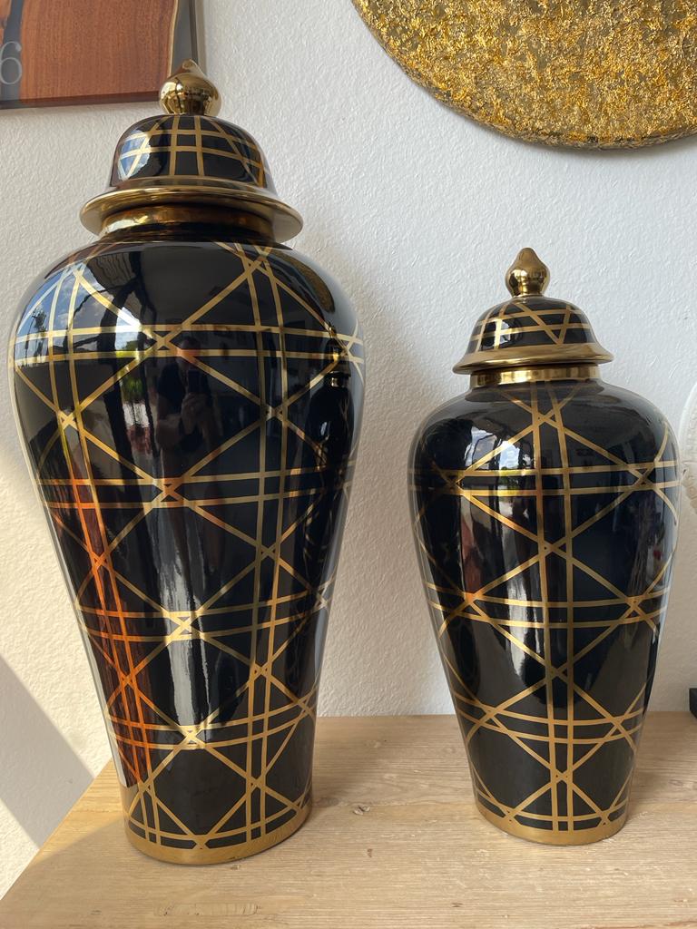 Black Ginger Jar with Gold Lines.