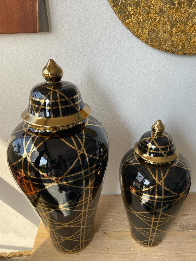 Black Ginger Jar with Gold Lines.