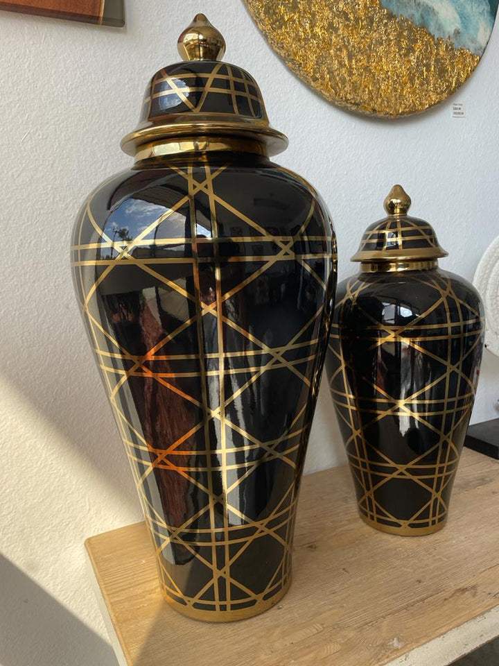 Black Ginger Jar with Gold Lines.