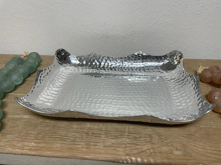 Rectangular Wavy Hammered Aluminum Tray Edged Bottom 14X10X2 inches Handmade