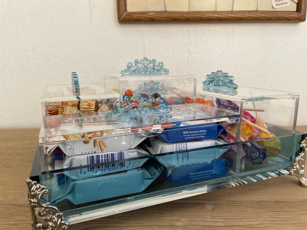 Acrylic Condiments Organizer Decorative Tray With Aluminum Legs 5 Containers Organizer (Multiple Colors) Handmade