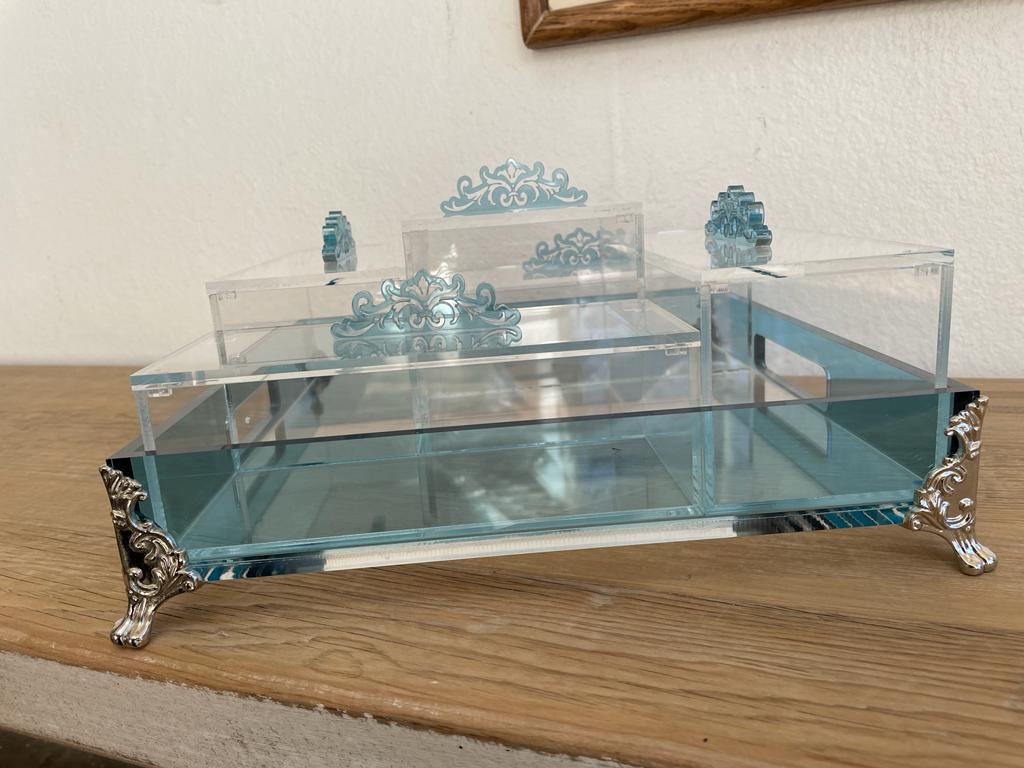 Acrylic Condiments Organizer Decorative Tray With Aluminum Legs 5 Containers Organizer (Multiple Colors) Handmade