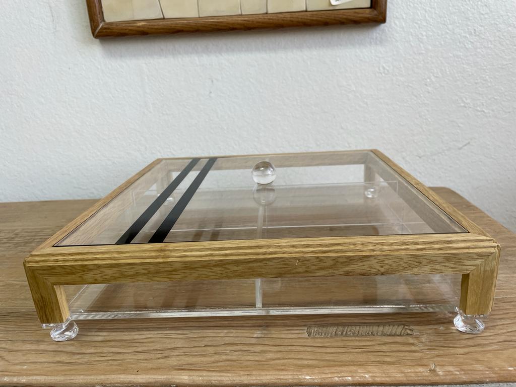 Square Acrylic Service Tray with Wood Frame Decorative Tray Handmade 4 Containers with Cover (Multiple Cover Designs)