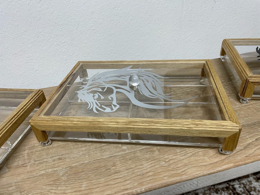 Rectangular Acrylic Service Tray with Wood Frame Decorative Tray Handmade 4 Containers with Cover (Multiple Cover Designs)