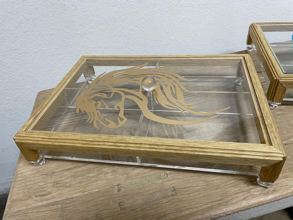 Rectangular Acrylic Service Tray with Wood Frame Decorative Tray Handmade 4 Containers with Cover (Multiple Cover Designs)