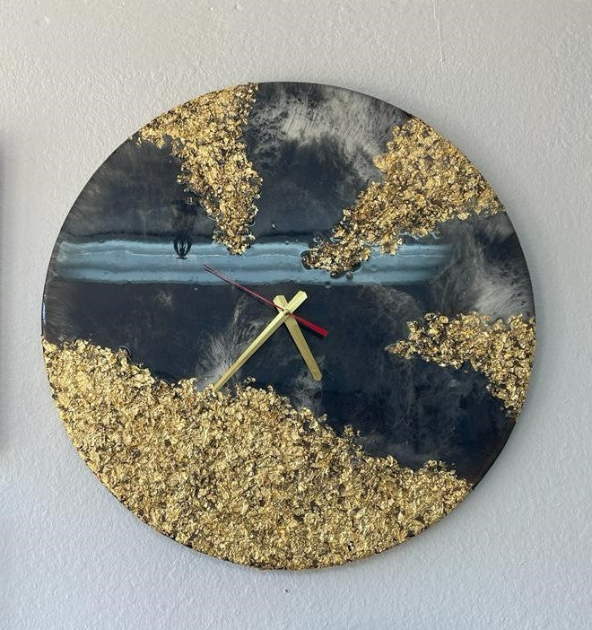 Black Resin Epoxy Wall Clock with Gold Flakes/Foil/Paper 24 X 24 inches Handmade Gift