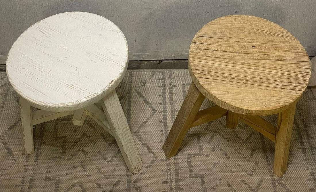 White Wash Elm Wood Round Stool Weathered / Round Side Table (Size & Finish Vary)