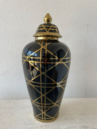 Black Ginger Jar with Gold Lines.