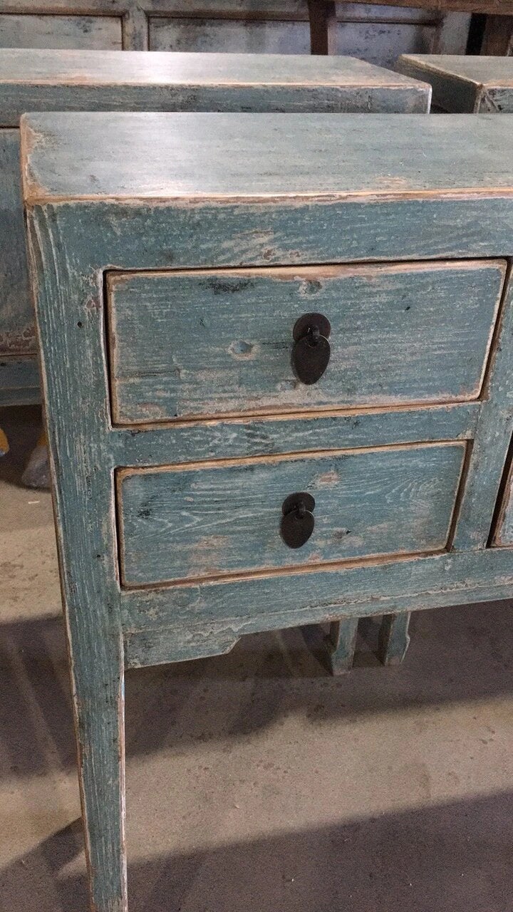 Antique Four Drawers Console Table Weathered Soft Aqua (Handmade).