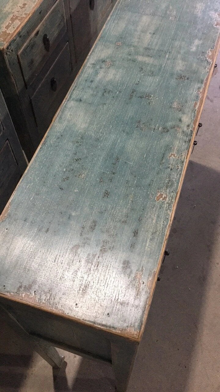 Antique Four Drawers Console Table Weathered Soft Aqua (Handmade).