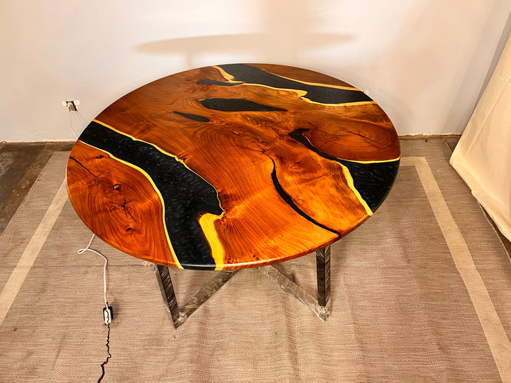 Epoxy Resin Acacia Wood Round Dining Table/Modern Table Dark Blue 48 X 48 X 31 inches Handmade