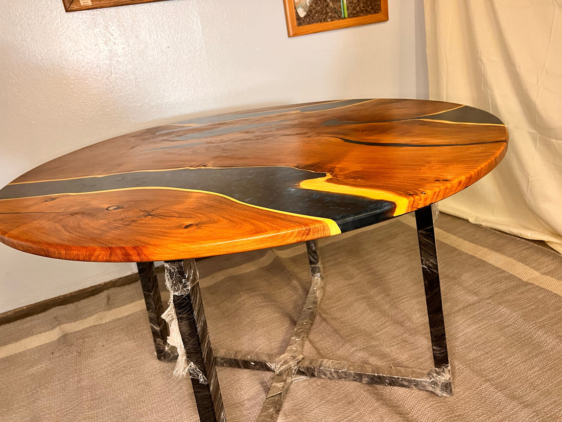 Epoxy Resin Acacia Wood Round Dining Table/Modern Table Dark Blue 48 X 48 X 31 inches Handmade