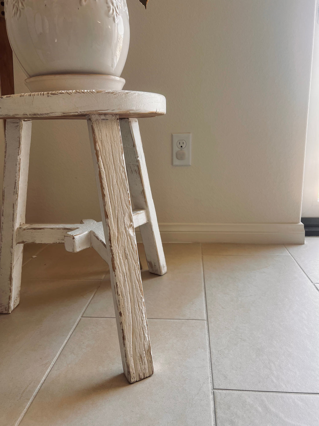 White Wash Elm Wood Round Stool Weathered / Round Side Table (Size & Finish Vary)