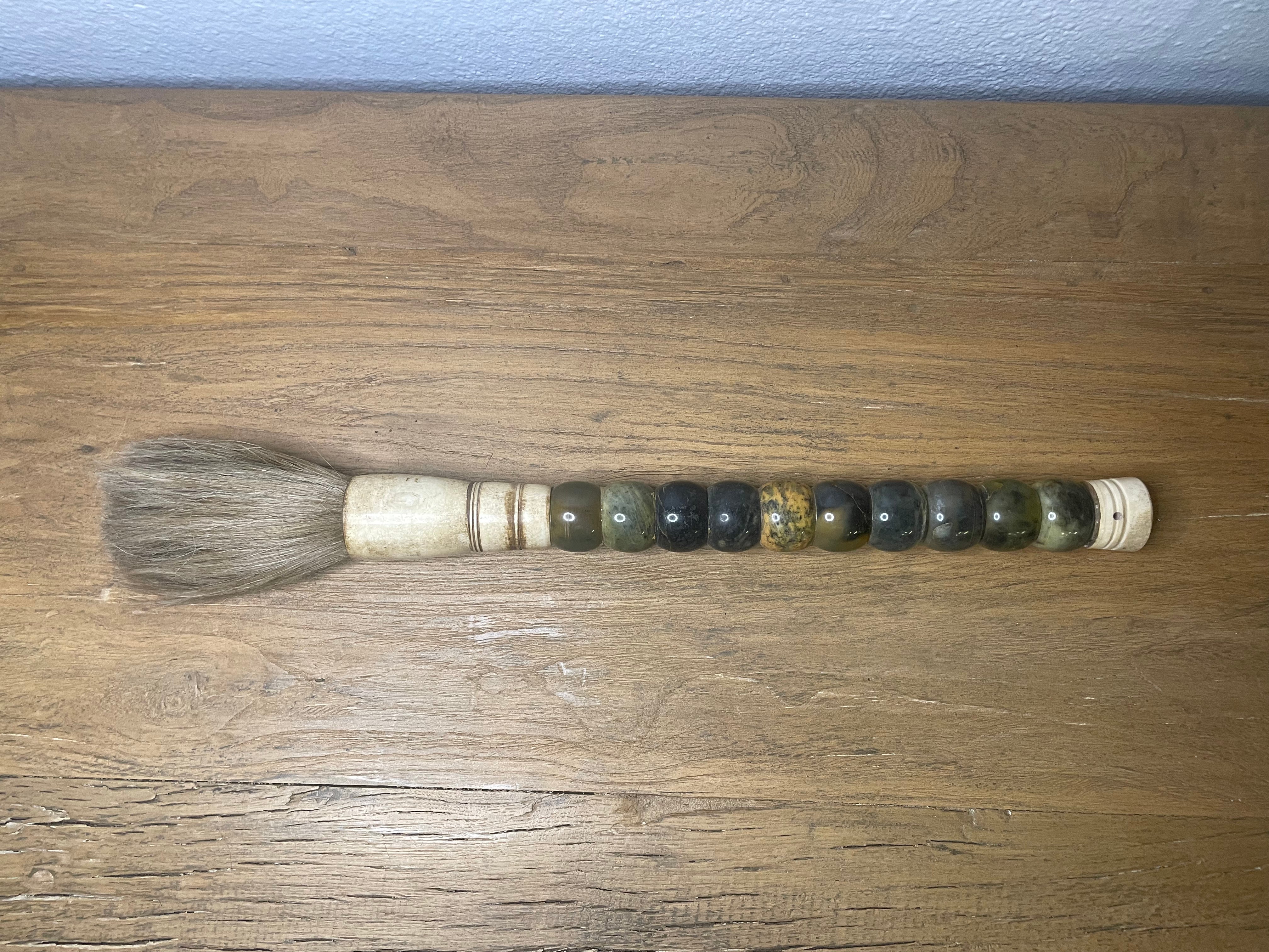 19" oval shaped jade beads calligraphy brush natural color