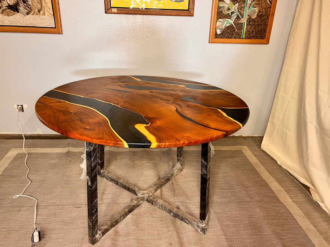 Epoxy Resin Acacia Wood Round Dining Table/Modern Table Dark Blue 48 X 48 X 31 inches Handmade